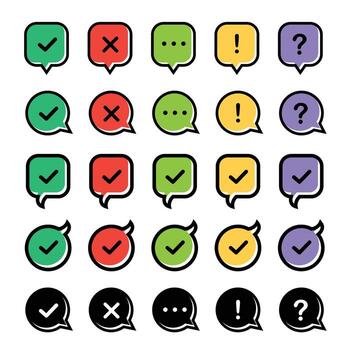 Icon set of check mark, information icon, chat, cross, question mark, exclamation point, FAQ sign. Tick, question, information and answers mark illustration vector