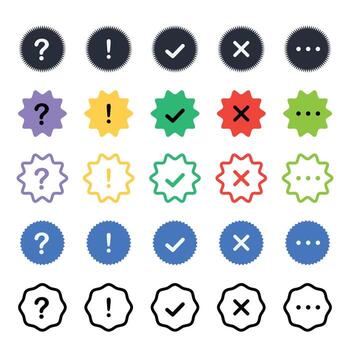Icon set of check mark, information icon, chat, cross, question mark, exclamation point, FAQ sign. Tick, question, vector