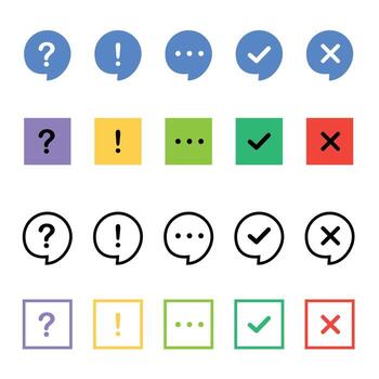 Icon set of check mark, information icon, chat, cross, question mark, exclamation point, FAQ sign. Tick, question, information and answers mark vector