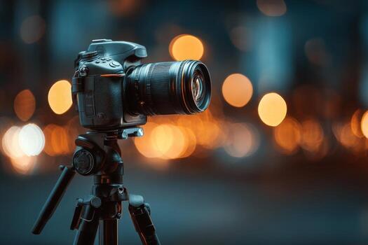 A camera on a tripod with blurred lights photo