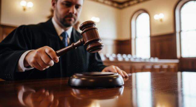 A judge is holding a gavel in a courtroom photo
