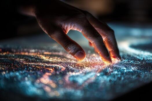 A person touching a tablet with a glowing map on it photo