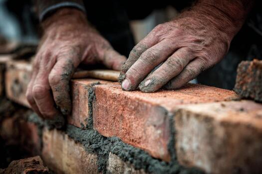 A man is using a brick to build a brick wall photo