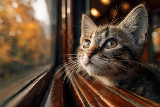 A kitten looks out the window of a train photo