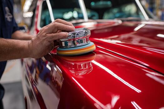 A man polishing a red car with a polishing pad photo