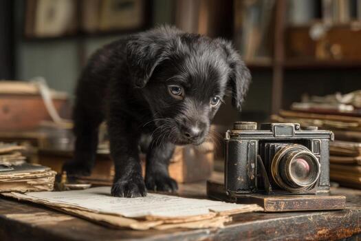 A black puppy standing on a table with an old camera photo