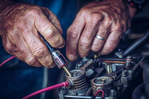 A man is using a tool to repair a car engine photo