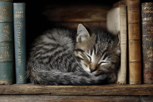 un gatito dormido en parte superior de un libro estante foto