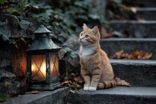 An orange tabby cat sitting on a stone step next to a lantern photo