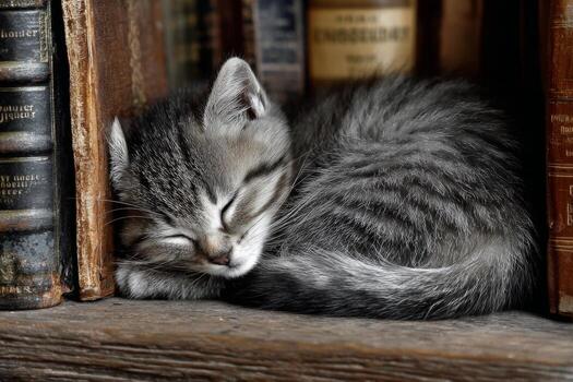 A kitten sleeping on a shelf of books photo