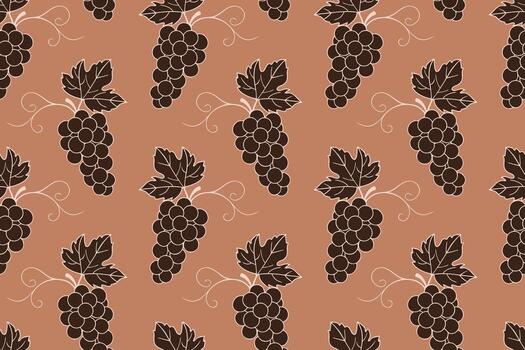Pattern with grape clusters, dark brown silhouette of vine branches with berries on chocolate brown background. vector