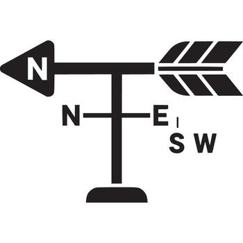 A black and white image of a wind vane with an arrow pointing to the north vector