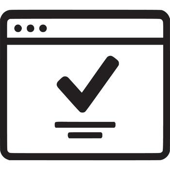 A black and white icon of a check mark on a computer screen vector