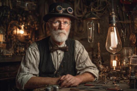 An old man in a hat and glasses sitting at a table with a lamp and other items photo