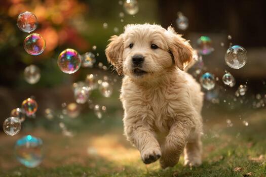 A puppy running through a field of bubbles photo