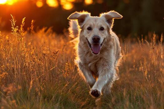 Golden retriever running in the field at sunset photo