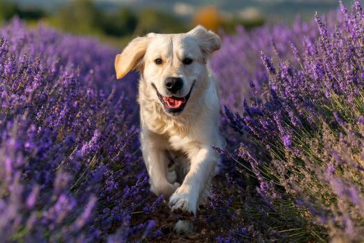 A golden retriever dog running through a field of lavender photo