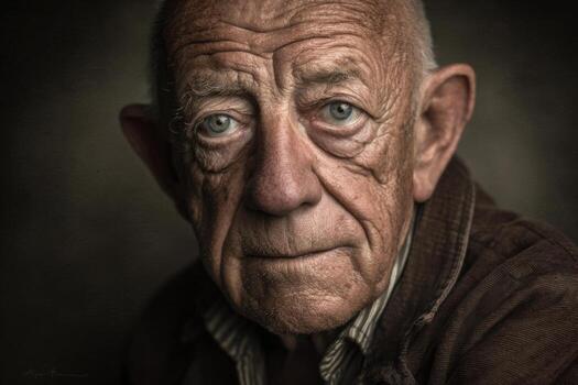 un antiguo hombre con azul ojos mirando a el cámara foto