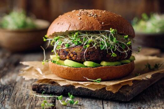 A hamburger with sprouts and vegetables on top photo