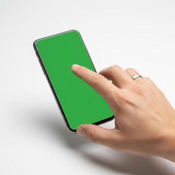 Hand holding a smart phone with a green screen photo