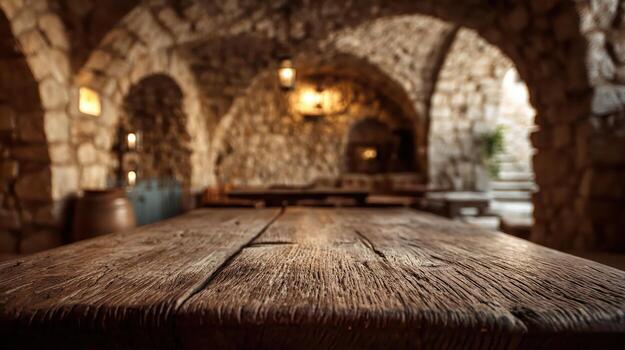 A table in a stone building with a wooden top photo
