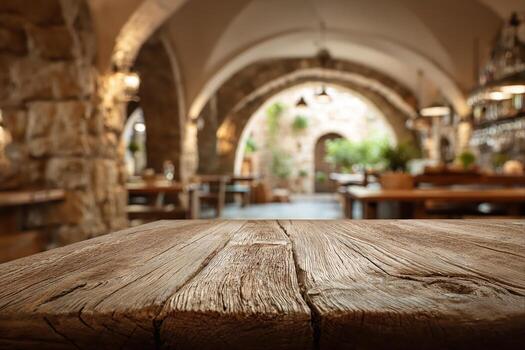 An empty table in a restaurant with stone walls photo