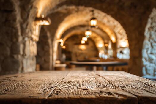 A wooden table in a stone building photo