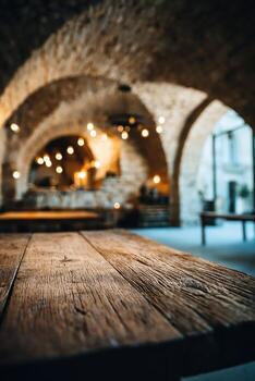 An empty table in a restaurant with a stone wall photo