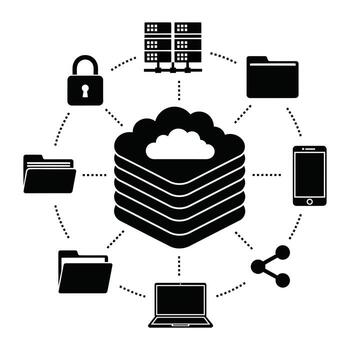 Cloud computing network diagram with data storage and security icons isolated on white background vector