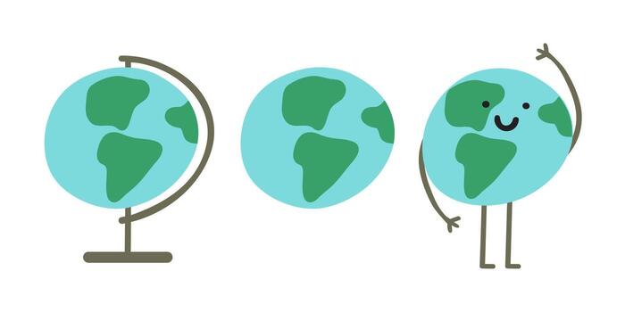 Globe Icons Set with Character Happy Earth, Continents, Map, Color Flat Illustration on white background. vector