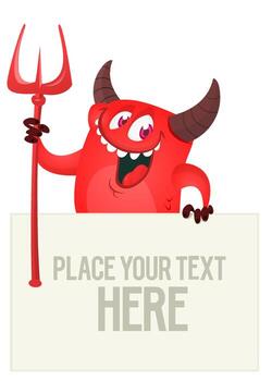 A cartoon red devil holding a pitchfork and a sign with your text vector