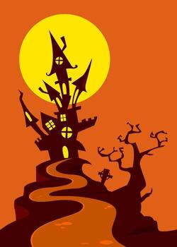 Halloween house with a spooky tree and moon in the background vector