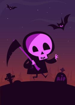 A cartoon character with a scythe and bat in the background vector