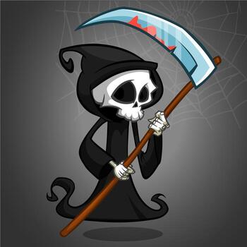 Cartoon grim reaper with scythe and spider web background vector
