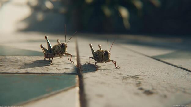 Two grasshoppers on tile floor photo