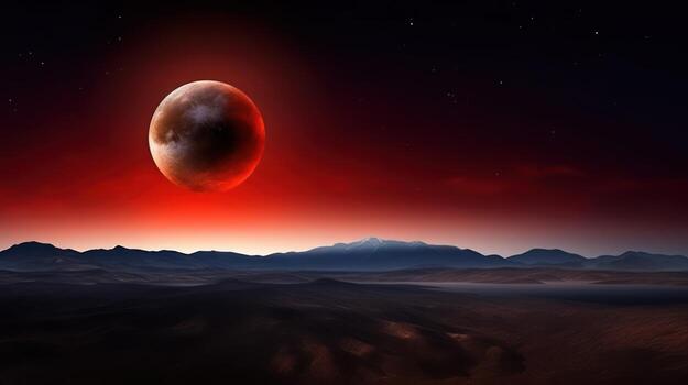 Red eclipse over mountainous landscape photo