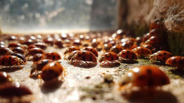 Ladybugs clustered on surface photo