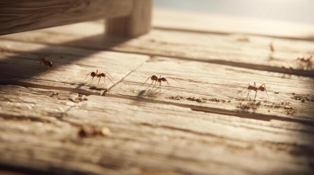 hormigas en de madera piso con luz de sol brillante mediante foto