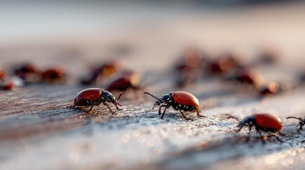 Red beetles on wooden surface photo