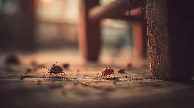 two small bugs walk on the ground near a chair photo