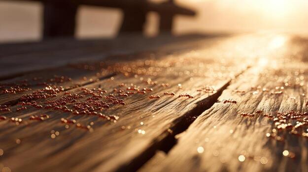 Red ants on wooden dock photo