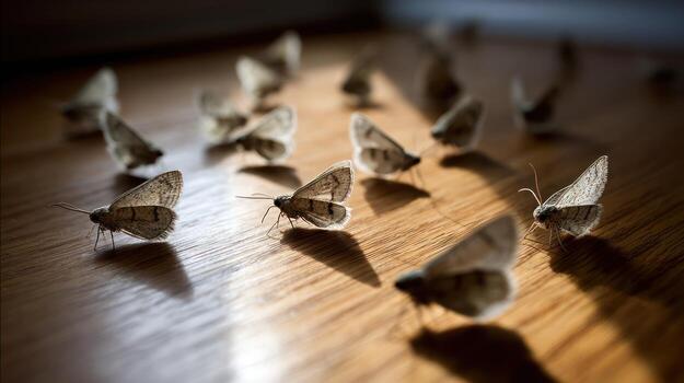Moth cluster on wooden floor photo