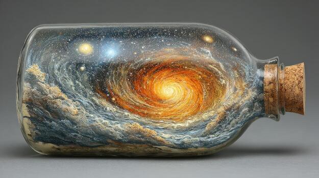 a bottle with a painting of a spiral galaxy inside photo