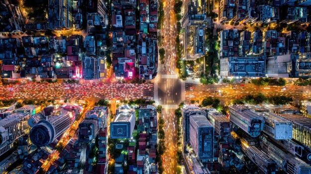 Cityscape aerial view intersection crowded photo