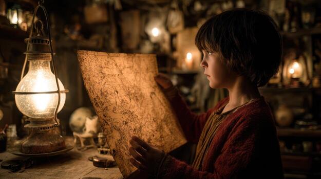 Child reading ancient map photo