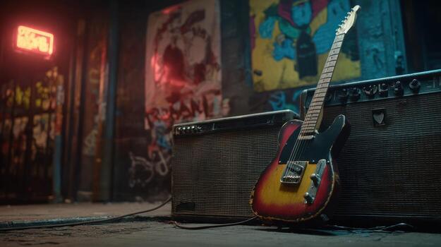 Electric guitar and amp in urban setting photo