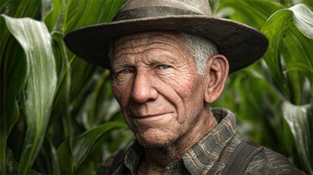 an elderly man in a hat stands in front of a corn field photo