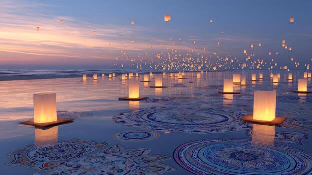 Floating lanterns beach sunset photo