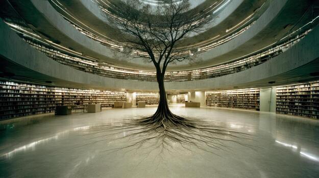 Library interior with tree sculpture photo