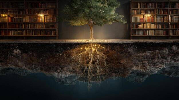 Roots of knowledge library illustration photo